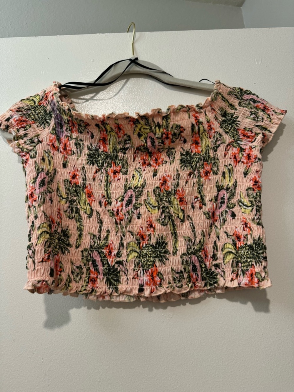 H&M Pink Floral Smocked Off-Shoulder Crop Top